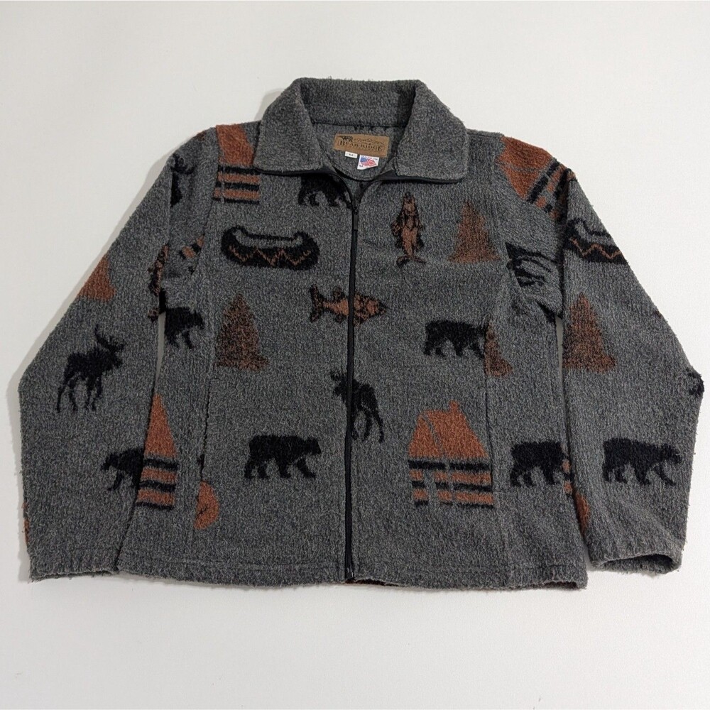 Bear Ridge Outfitters Novelty Print Fleece Jacket Made in USA Bear Moose Fish M
